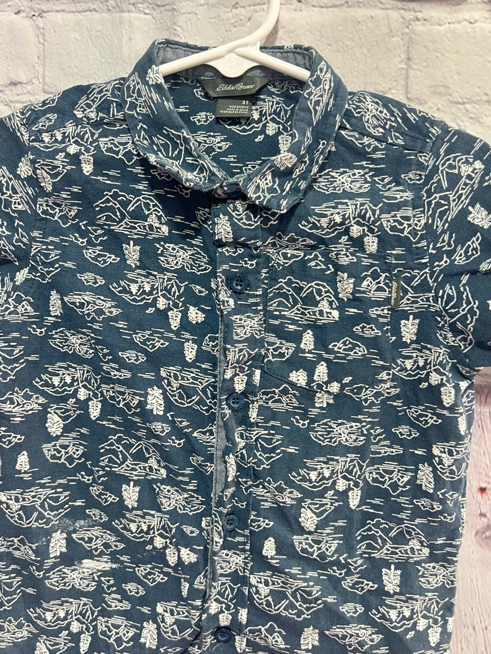 Eddie Bauer Teal-Blue Short Sleeve Button-Up with White Scenic Print